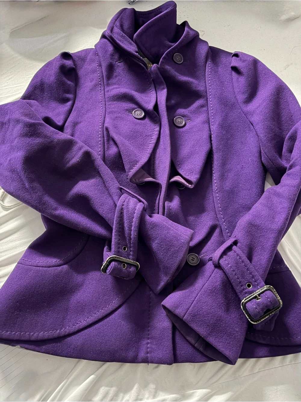 BCBGMaxAzria Purple Structured Ruffle Front Wool-Blend Coat and belted cuffs